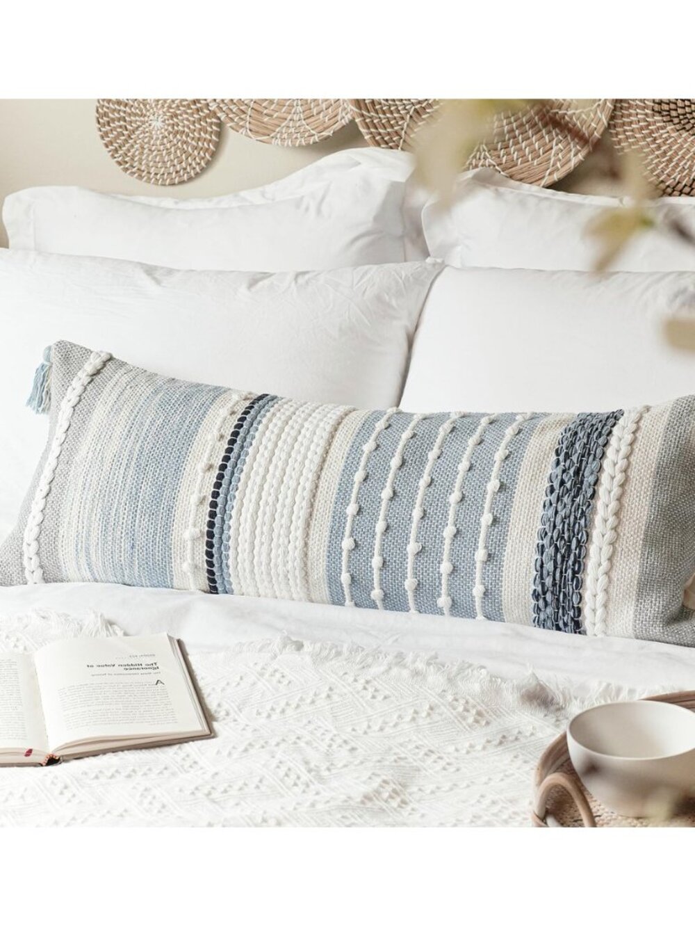 Coastal Blue Decorative Lumbar Pillow Cover 14x36 Boho Long Body Pillow for Bed - Picture 4 of 8